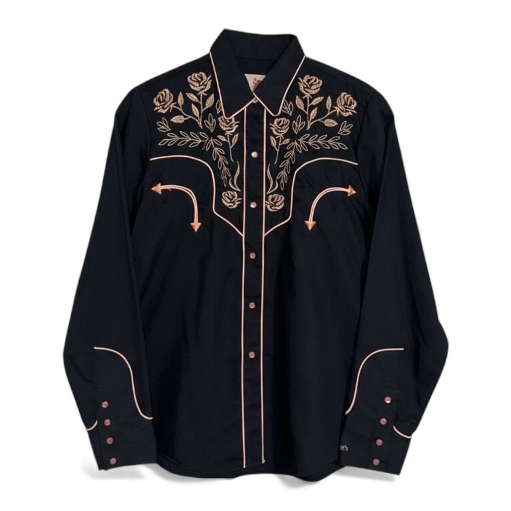 Womans Ranger's Western Black Rose Embroidered Snap Front Long Sleeve Shirt L‎
